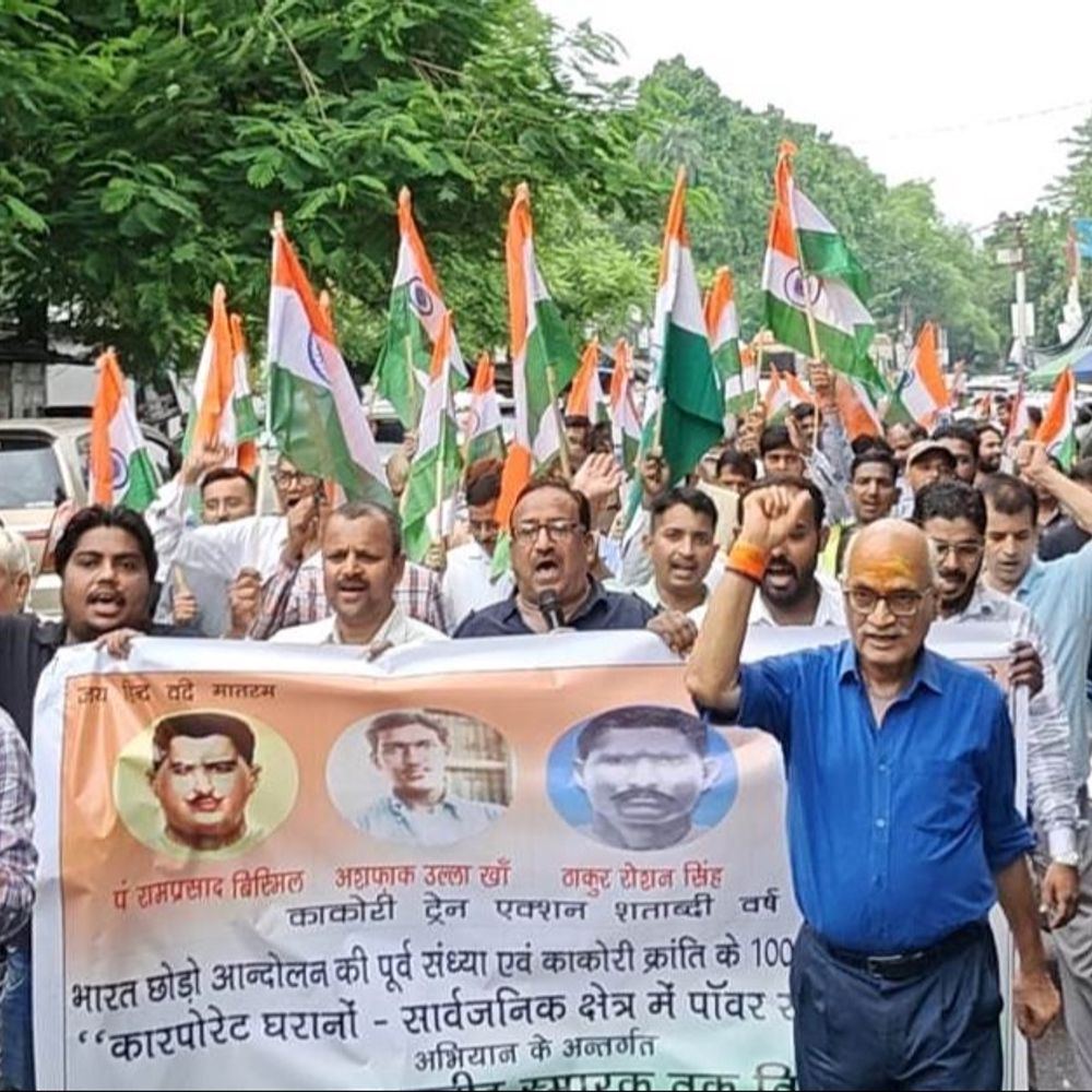 तिरंगे के साथ सड़कों पर उतरे बिजलीकर्मी:बोले, पब्लिक सेक्टर में ही बचेगा उजाला