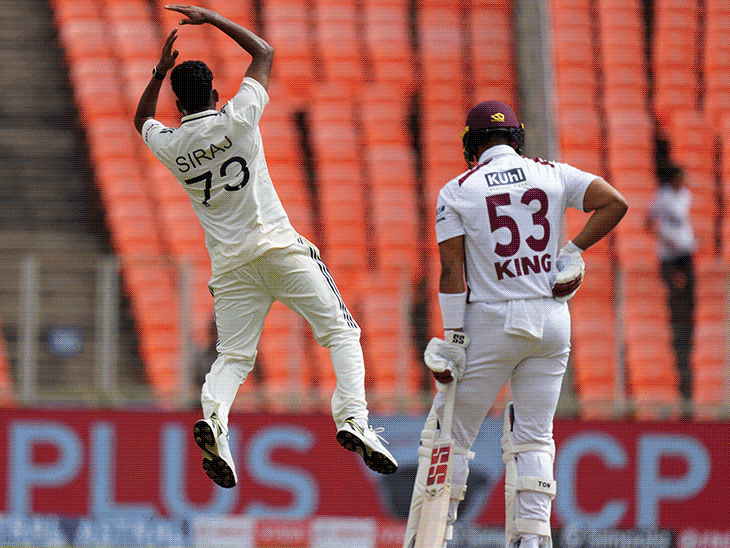 मोहम्मद सिराज का रोनाल्डो सेलिब्रेशन:बुमराह की दो यॉर्कर पर दो बोल्ड; जुरेल का लेग-साइड डाइविंग कैच, IND Vs WI मोमेंट्स