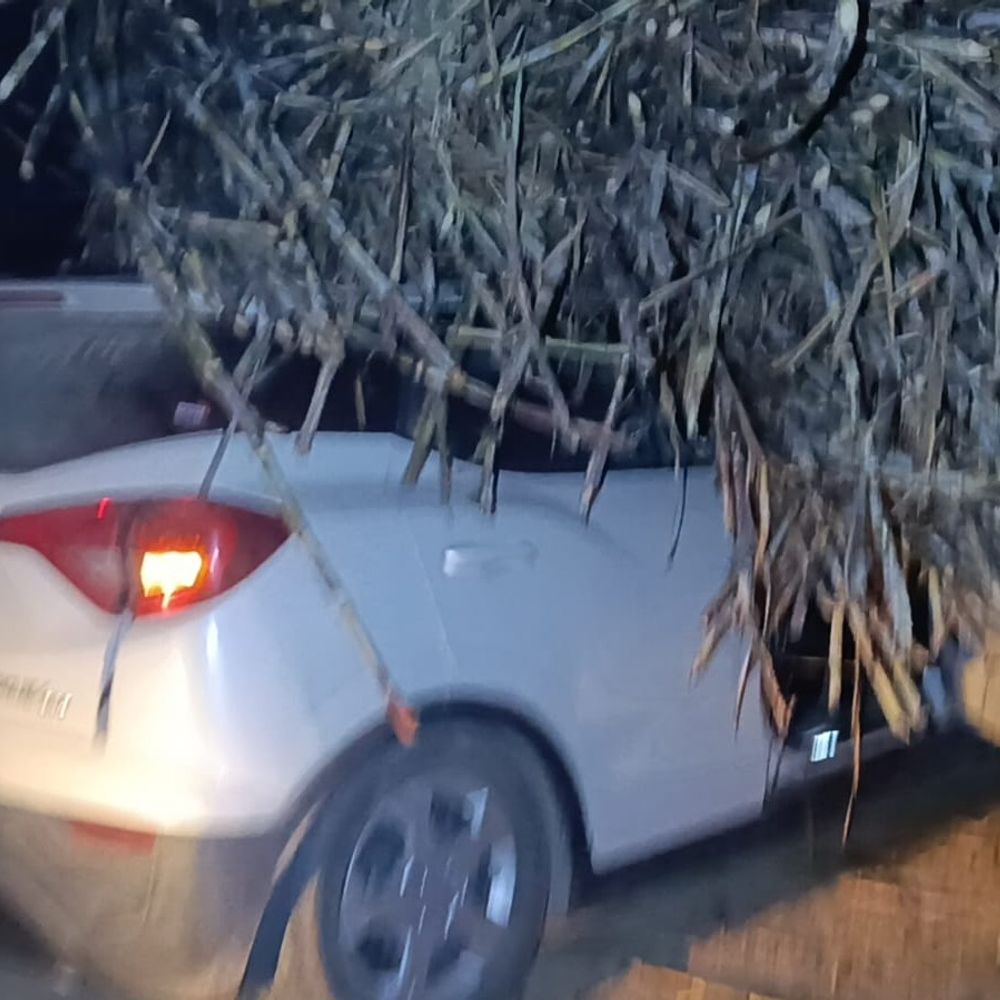 मेरठ में खड़ी कार पर पलटा ट्रक:गन्ने से भरे ओवरलोड ट्रक पलटने से कार सवारों ने भागकर बचाई जान