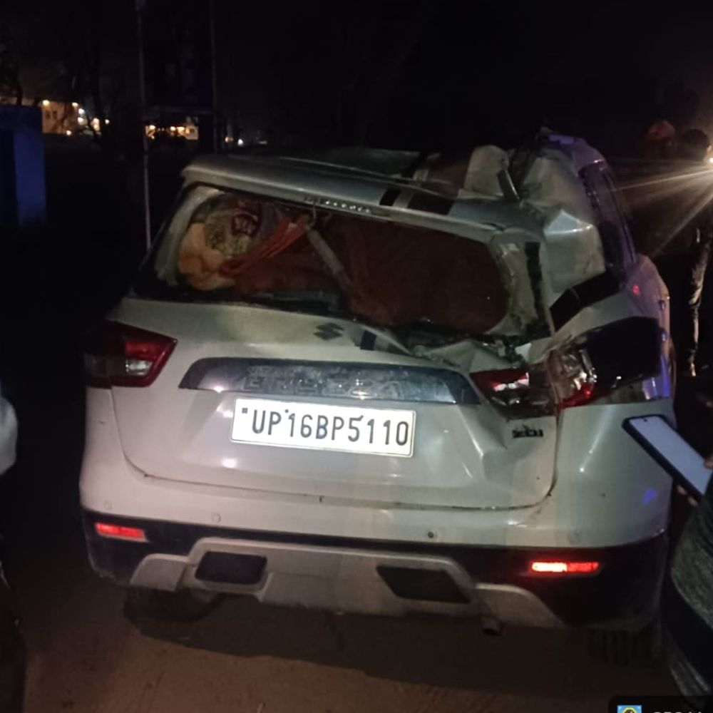 हाईवे पर सांड टकराकर कार पर गिरा:मरीज को अस्पताल ले जा रहे प्रधान के परिजन बाल-बाल बचे