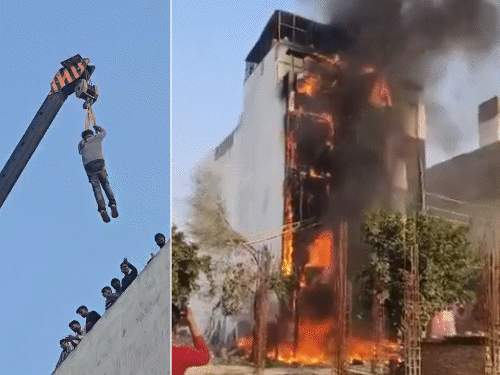 वृंदावन के होटल में भीषण आग, 40 लोग अंदर फंसे:उद्घाटन के दिन हादसा, क्रेन से लटकाकर लोगों को निकाला गया
