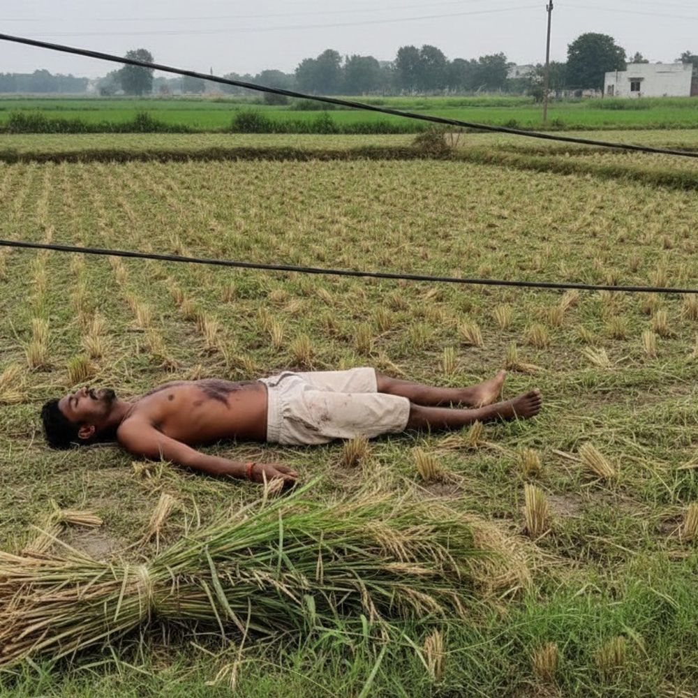 हाईटेंशन लाइन की चपेट में आने से किसान की मौत:पीलीभीत में खेत में घास काटते समय हुआ हादसा, परिवार में मचा कोहराम