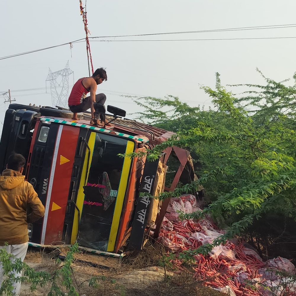 एटा में गाजर से भरी कैंटर पलटी, चालक घायल:मैनपुरी जाते समय हादसा, बिजली पोल टूटने से आपूर्ति बाधित