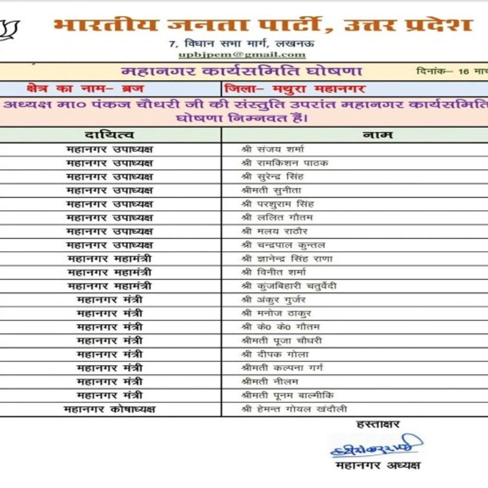 मथुरा में महानगर और जिला कार्यकारिणी घोषित:नगर निगम में 10 मनोनीत पार्षद भी किए नामित, चुनाव से पहले कार्यकर्ताओं को साधने की हुई कोशिश