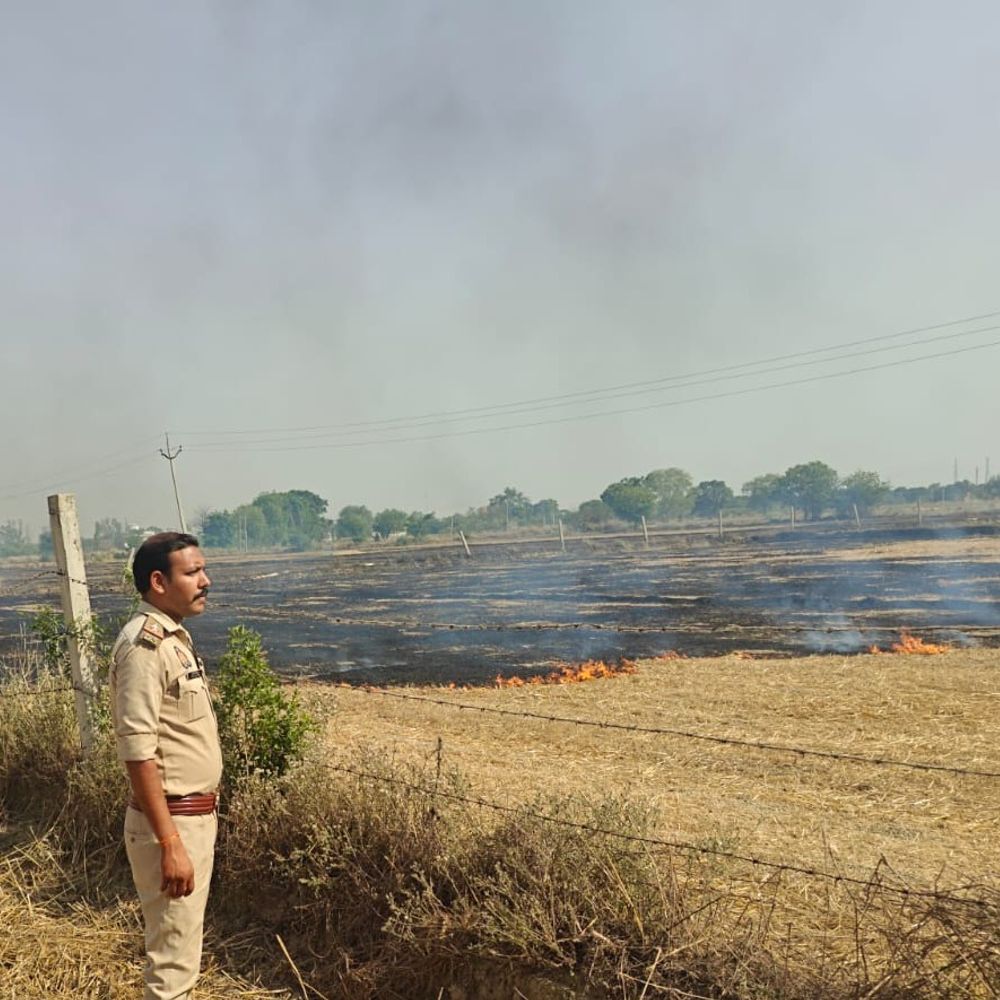 घाटमपुर के पतारा में गेहूं के खेतों में आग:सड़क किनारे से फैली, पुलिस-फायर ब्रिगेड ने मशक्कत से बुझाई