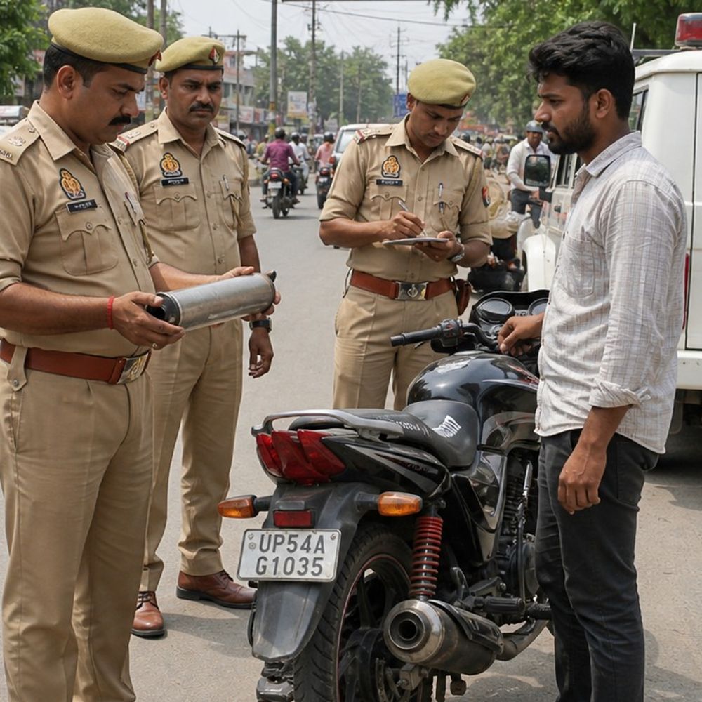 मऊ में मॉडिफाइड साइलेंसर, प्रेशर हॉर्न पर कार्रवाई:विशेष अभियान में 245 वाहनों का चालान, 2 सीज