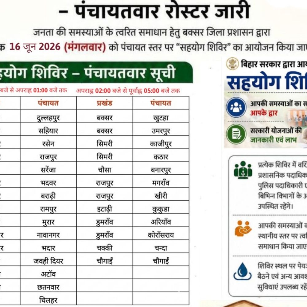 बक्सर की 27 पंचायतों में सहयोग शिविर:16 जून 2026 को होगा जनता की समस्याओं का समाधान