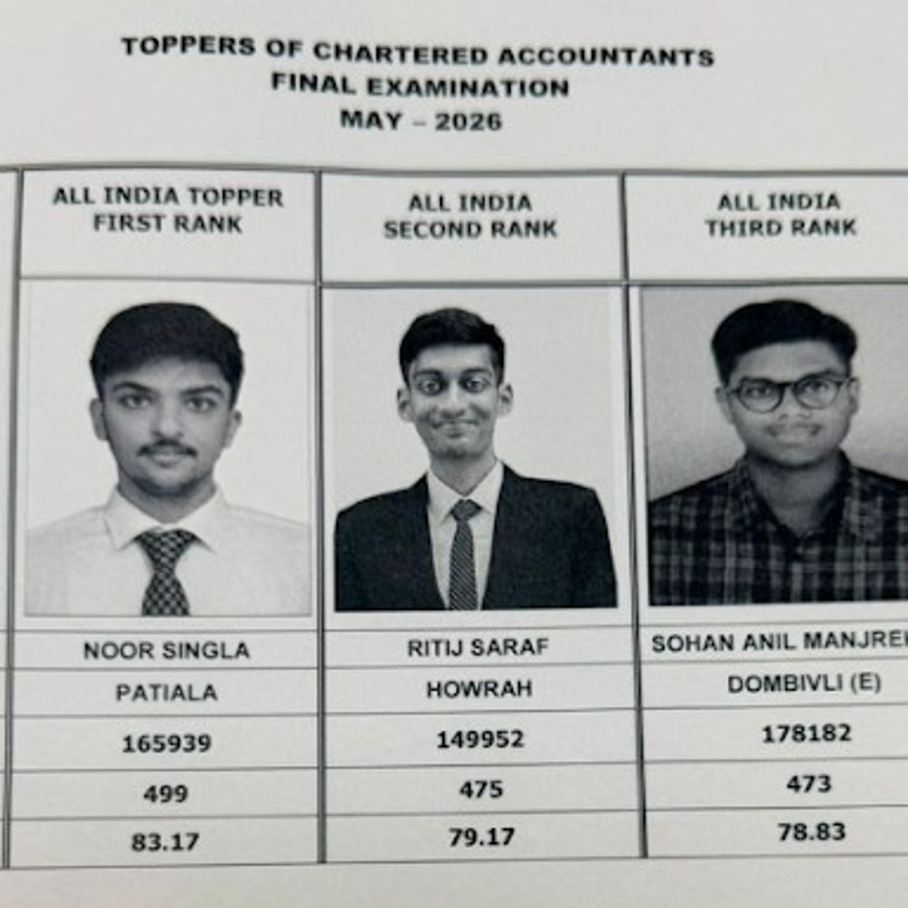ICAI CA फाइनल रिजल्ट 2026 जारी:नूर सिंगला ने किया टॉप, रितिज सराफ रहे सेकंड टॉपर