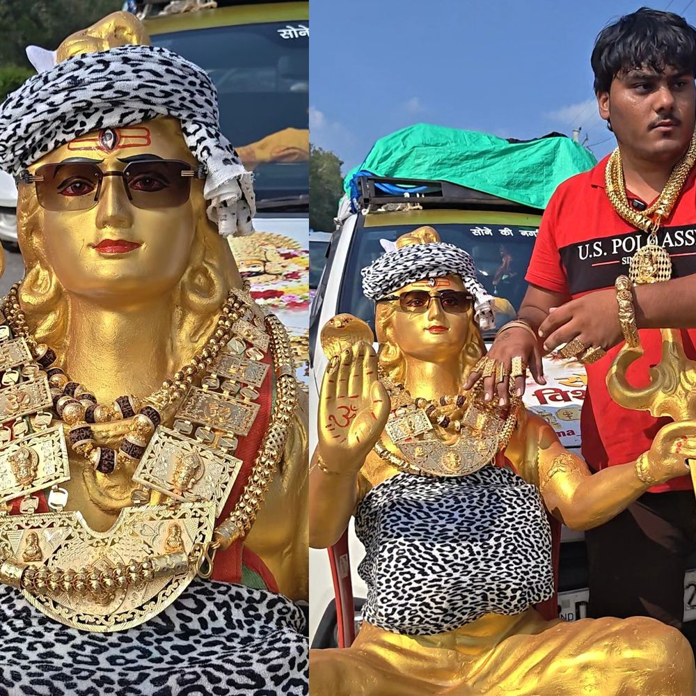 गहनों से सजी 'गोल्डन कांवड़' पहुंची मुजफ्फरनगर:24 कैरेट गोल्ड प्लेटेड ज्वैलरी से सजी भोलेनाथ की प्रतिमा, शिवभक्त ने खुद भी पहने गहने