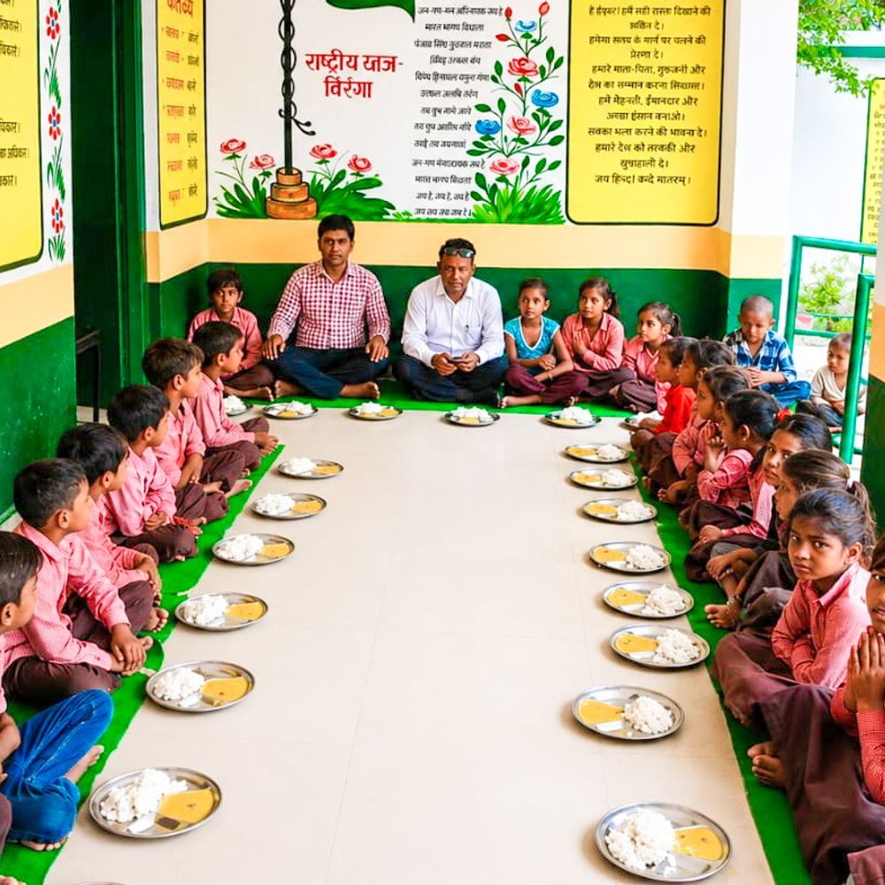 बच्चों के साथ बैठकर BEO ने खाया मिड-डे मील:श्रावस्ती में 90% बच्चे ड्रेस में मिले, स्टाफ की सराहना