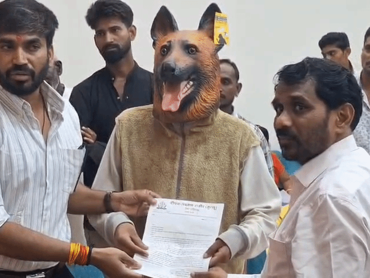 जनसुनवाई में कुत्ते का हुलिया बनाकर पहुंचा युवक:नेता प्रतिपक्ष बोले- 40 लाख खर्च के बाद भी आवारा कुत्ते बढ़ रहे, कलेक्टर को सौंपा ज्ञापन