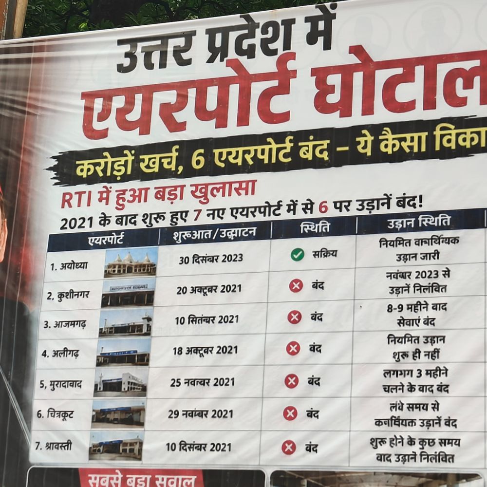 लखनऊ में सपा मुख्यालय के बाहर लगी होर्डिंग:7 में 6 एयरपोर्ट बंद होने का दावा , होर्डिंग में लिखा 'उत्तर प्रदेश में एयरपोर्ट घोटाला!'