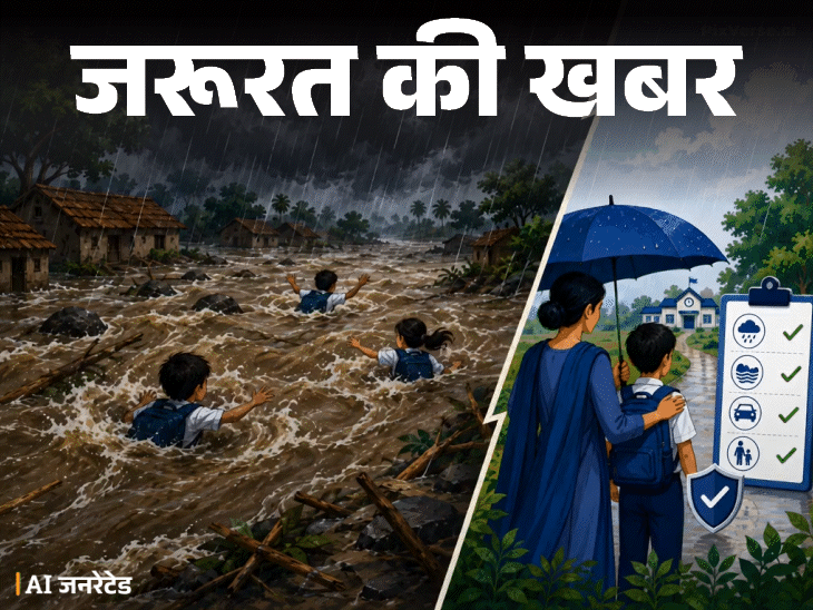 
                 जरूरत की खबर- तीन स्कूली बच्चे नदी में बह गए:बारिश में बच्चों को स्कूल भेजने की सेफ्टी गाइडलाइंस, बरतें ये 8 जरूरी सावधानियां 
            