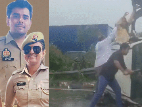 बारिश से पलटी फॉर्च्यूनर, सिपाही पति-पत्नी ने 5 को बचाया:कन्नौज में जिला पंचायत अध्यक्ष गाड़ी में फंसी, राइफल से शीशे तोड़कर निकाला