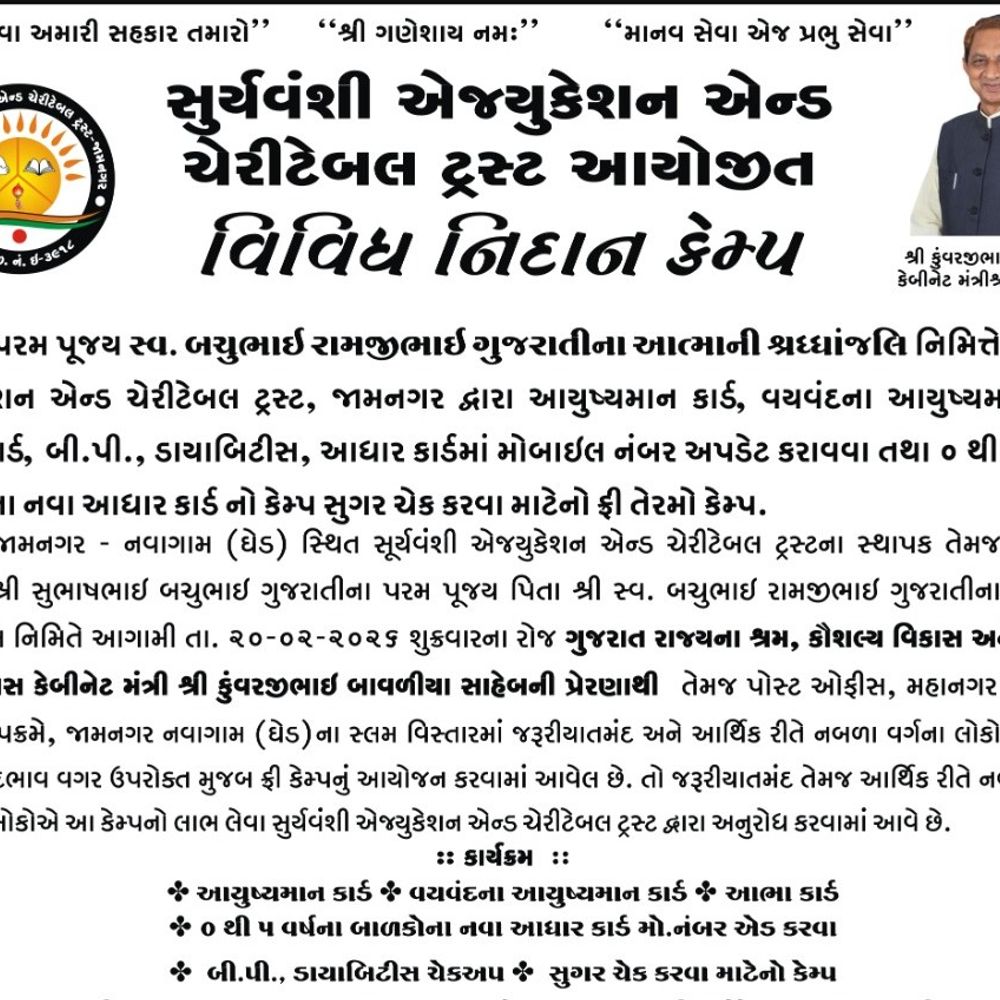 સુર્યવંશી ટ્રસ્ટ દ્વારા નવાગામ ઘેડમાં સેવા કેમ્પ: આયુષ્યમાન, આધાર અપડેટ સહિતની સેવાઓ.
