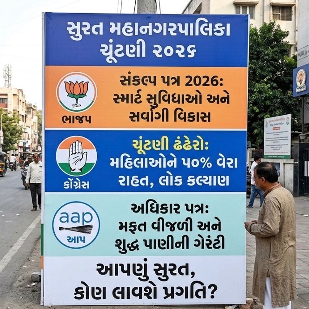 હીરાનગરીના હિત માટે મેનિફેસ્ટોનું યુદ્ધ, કોનો 'સંકલ્પ' સુરતીઓના દિલ જીતશે?:ત્રણ પક્ષો, ત્રણ વિચારધારા અને એક શહેર, પાલિકા ચૂંટણીમાં ભાજપનું 'સ્માર્ટ વિઝન', કોંગ્રેસનું 'લોક કલ્યાણ' અને આપનું 'ફ્રી મોડલ'