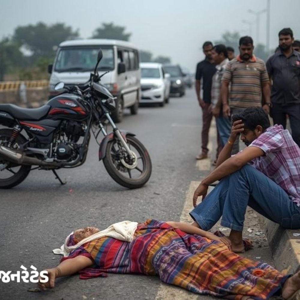 અડાલજ હાઈવેના બમ્પ પરથી જ્યુપિટર ઉછળતા પુત્ર સામે વૃદ્ધાનું મોત:પ્રસંગ પૂર્ણ કરીને કલોલ જવા રવાના થયા હતા, પરિવારની ખુશી માતમમાં ફેરવાઈ