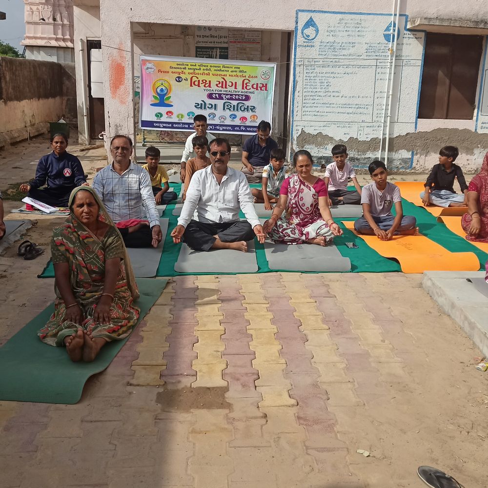 ચંદ્રુમાણામાં વિશ્વ યોગ દિવસની ઉજવણી:આયુર્વેદ અધિકારીએ યોગના ફાયદા સમજાવી વિવિધ આસનો કરાવ્યા