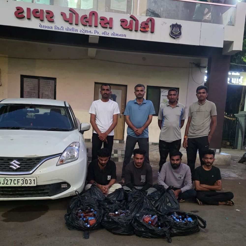 વેરાવળમાં 5.87 લાખનો દારૂ જપ્ત, ચાર ઝડપાયા:ગીર સોમનાથ પોલીસે કાર સહિતનો મુદ્દામાલ જપ્ત કર્યો