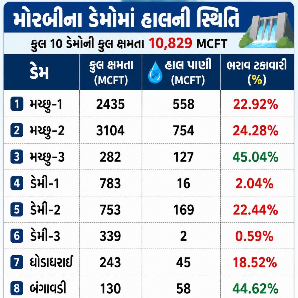 મોરબી પંથકના 10 ડેમમાં 22% જળસંગ્રહ!