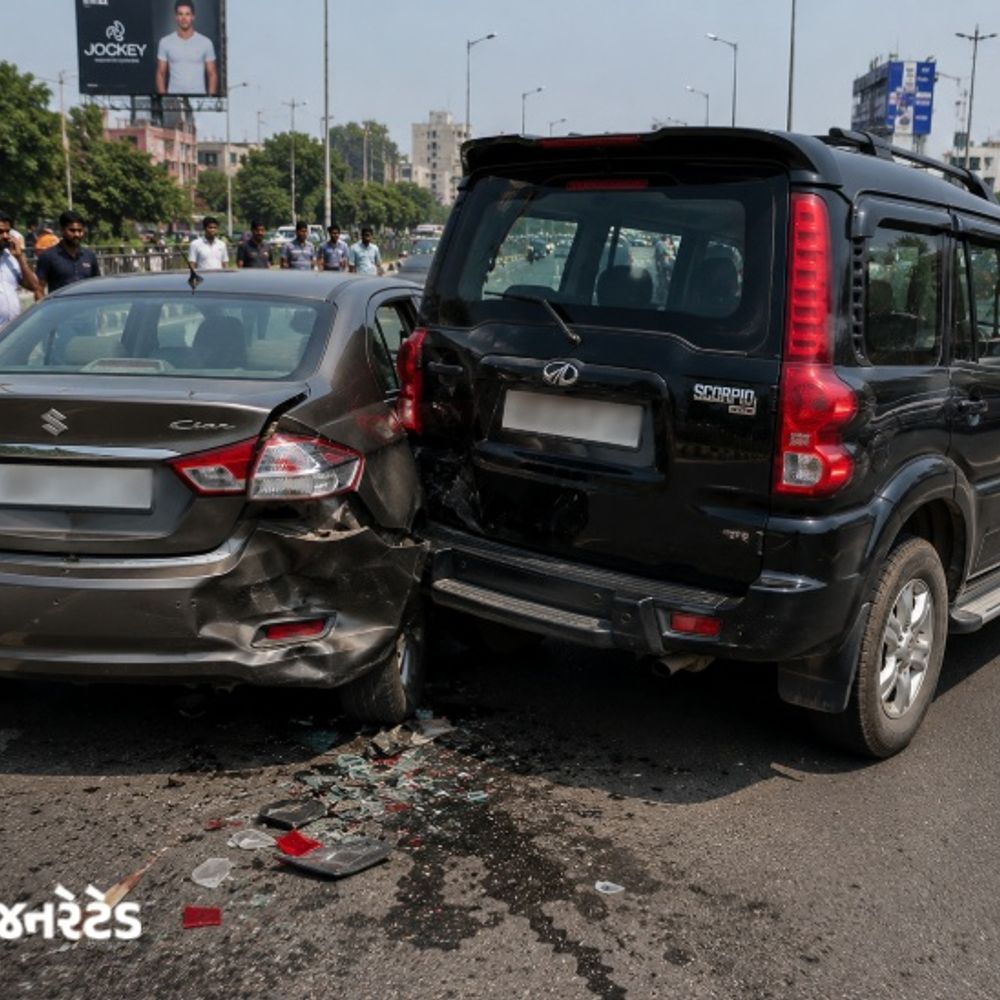 ચિત્રા-સિદસર રોડ પર અકસ્માત બાદ હોબાળો:પૂરપાટ સ્કોર્પિયો ચાલકે કારને ટક્કર મારી, મારામારી કરીને ધમકી આપી કે-ફરિયાદ કરી તો મારી નાખીશું