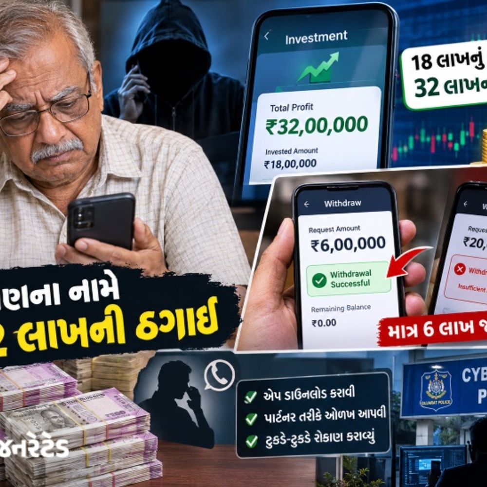 વૃદ્ધ સાથે રોકાણના નામે ₹12 લાખની ઠગાઈ:18 લાખના રોકાણ સામે ₹32 લાખનો નફો બતાવ્યો, પૈસા ઉપાડવા જતા માત્ર 6 લાખ જ ઉપડ્યા