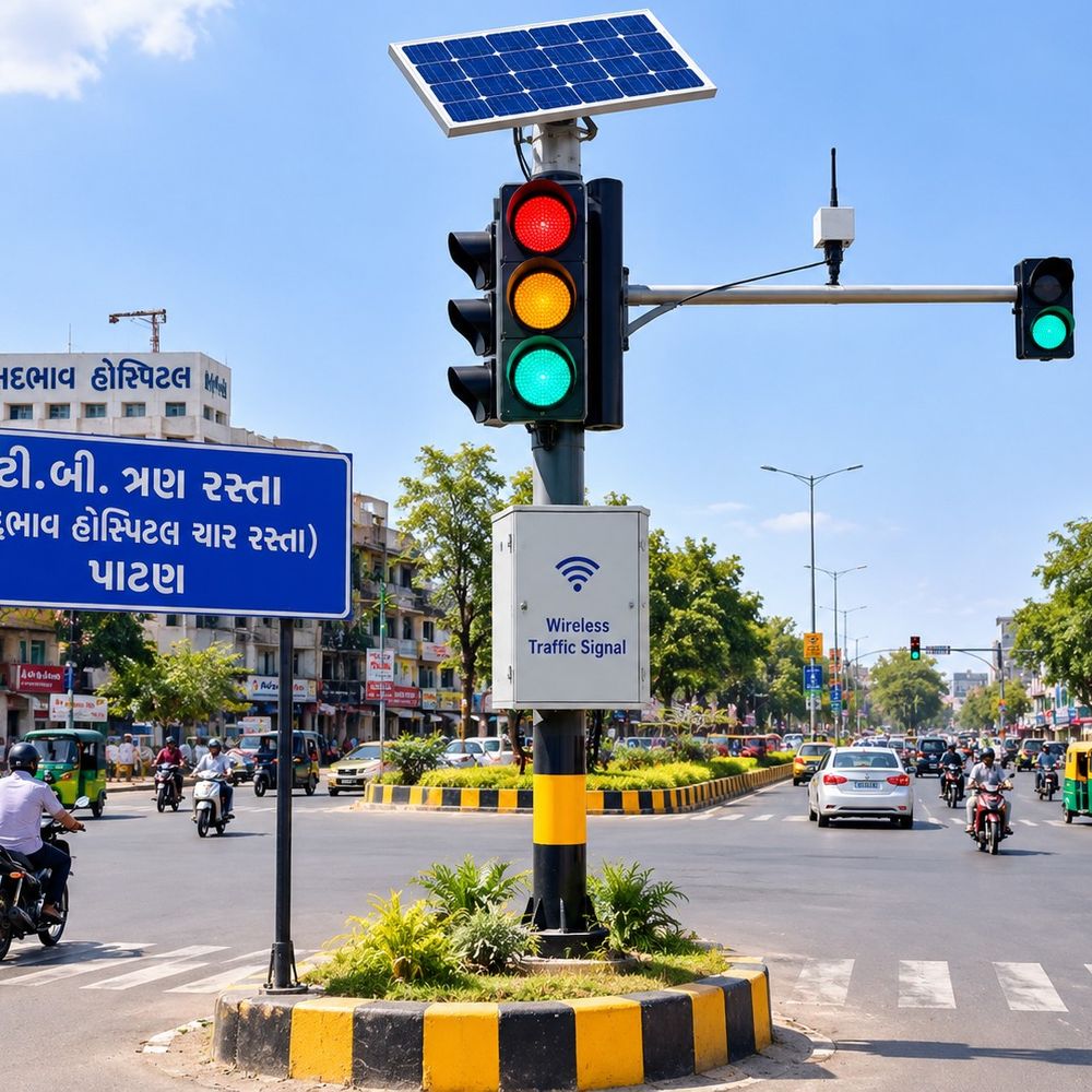 પાટણમાં 31.92 લાખના ખર્ચે સોલાર ટ્રાફિક સિગ્નલ સિસ્ટમ:સદભાવ હોસ્પિટલ ચાર રસ્તા પર C-DAC WiTraC ટેકનોલોજી આધારિત સિગ્નલ લાગશે