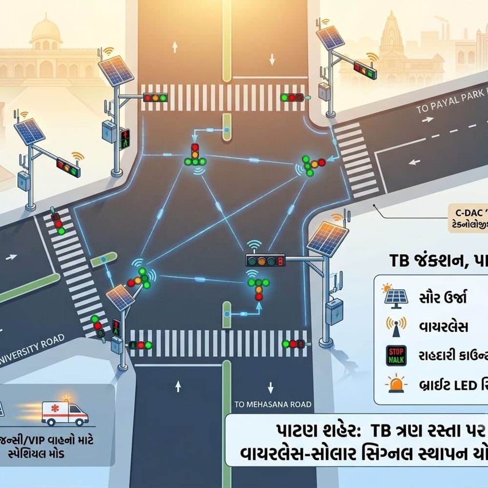 પાટણમાં ટીબી ત્રણ રસ્તા પર સોલાર ટ્રાફિક સિગ્નલ લાગશે‎:6 હાઈવે કનેક્ટ હોય ટ્રાફિક ડેટાના આધારે સિગ્નલ મૂકવા નિર્ણય