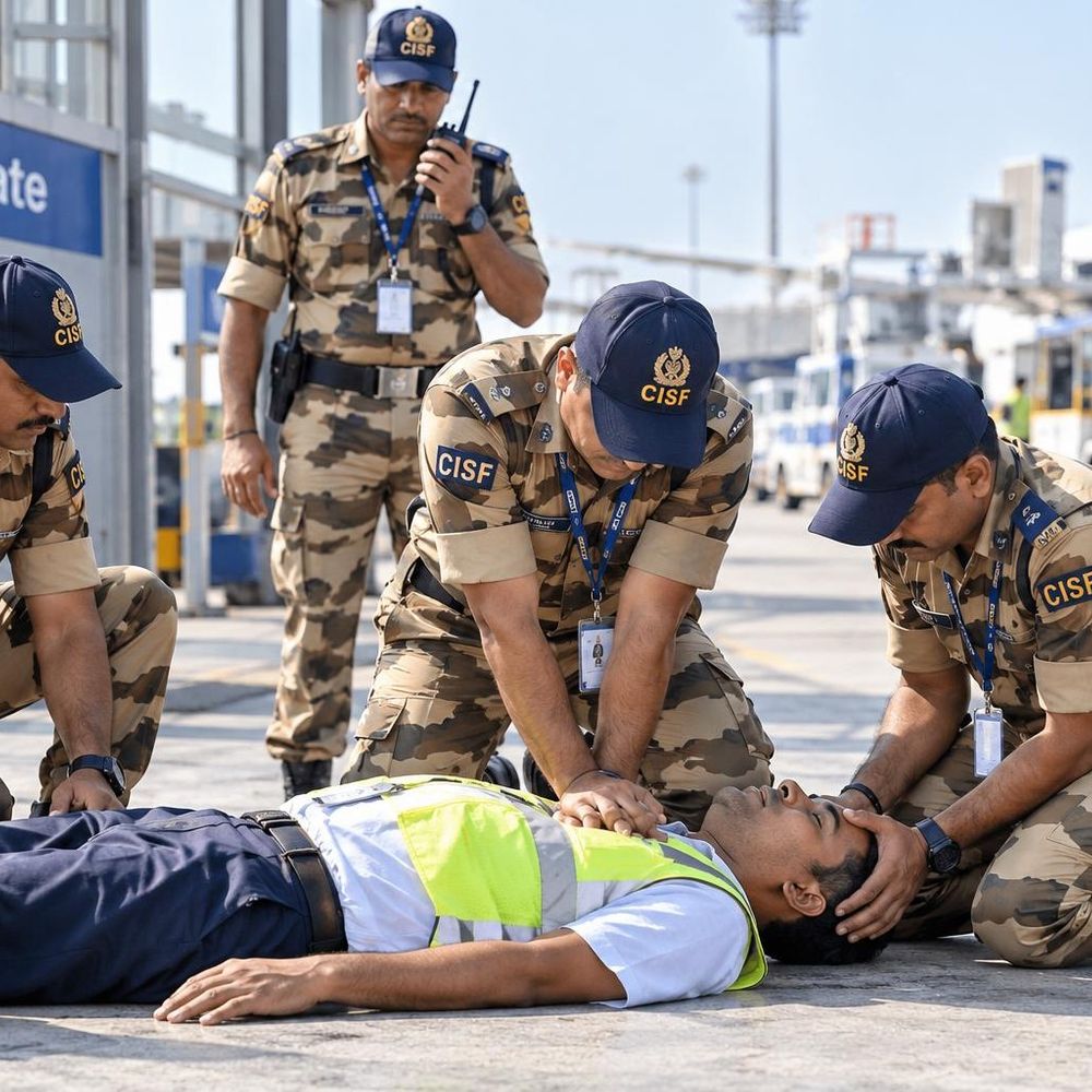 સુરત એરપોર્ટ પર CISF જવાન દેવદૂત બન્યા:એપ્રન એરિયામાં અચાનક ઢળી પડેલા કર્મચારીને CPR આપી નવજીવન આપ્યું