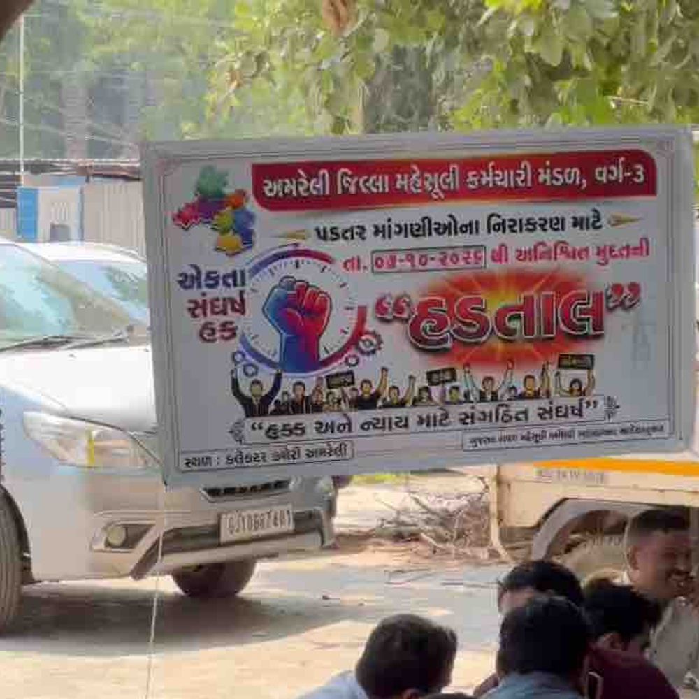 અમરેલી જિલ્લામાં મહેસૂલ કર્મચારીઓની અનિશ્ચિત મુદતની હડતાલ:પડતર માંગણીઓના નિરાકરણની માંગ સાથે તાલુકા મથકે વિરોધ, કામગીરી ઠપ થતાં અરજદારો પરેશાન