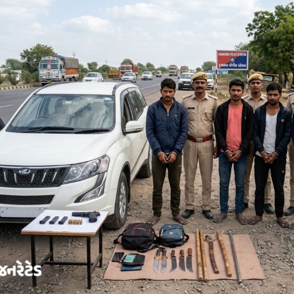જૂનાગઢમાં લૂંટને અંજામ એ પહેલા 5 શખસ રાજકોટથી ઝડપાયા:કુવાડવા પાસેથી કારમાંથી પિસ્તોલ, છરી, ધોકા, સ્ટીક સાથે UP-બિહારના શખસોને પોલીસે દબોચ્યા