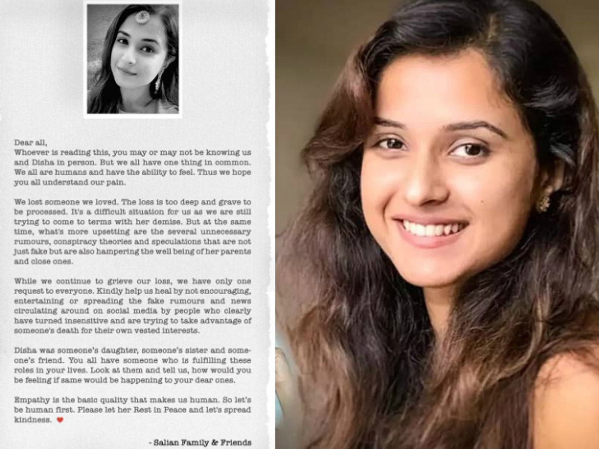 Disha Salian family released a note not to speculate false stories  surrounding her demise