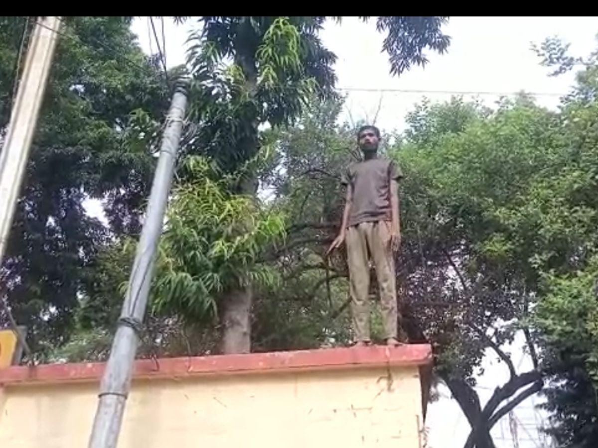 दीवार पर चढ़ा विक्षिप्त युवक, खाना मांगते हुए घंटों तक किया ड्रामा |  Deranged young man climbed the wall, did drama for hours asking for food -  Dainik Bhaskar