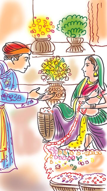 मीना बाजार में मुमताज से हीरे के लिए मोलभाव करते शाहजहां। स्केच- गौतम चक्रवर्ती - Dainik Bhaskar