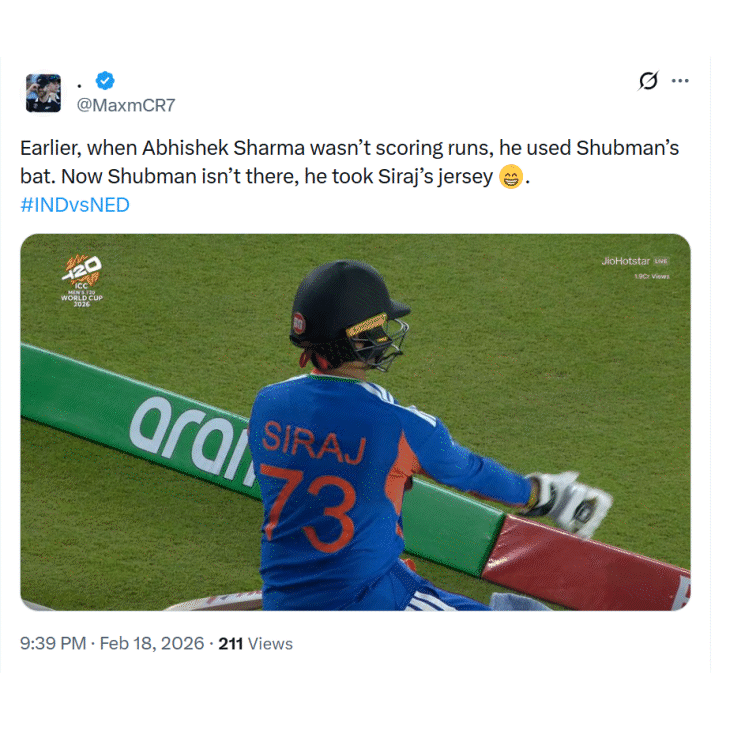 સોશિયલ મીડિયા પર યુઝર્સ ચર્ચા કરી રહ્યા છે કે અભિષેક શર્માએ પોતાનું નસીબ બદલવા માટે સિરાજની જર્સી પહેરી હતી પરંતુ તે પણ કામ ન આવ્યું.