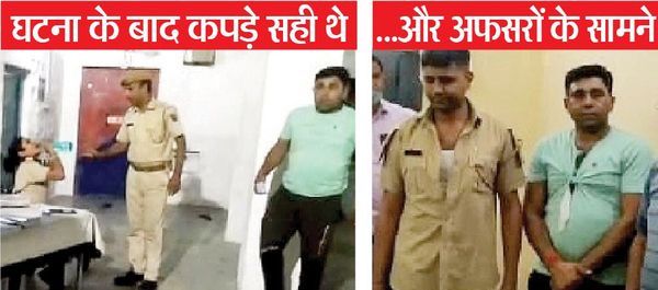 सिपाही मदनपाल (वर्दी में) और राजेंद्र गोदारा (हरी टी शर्ट में)
