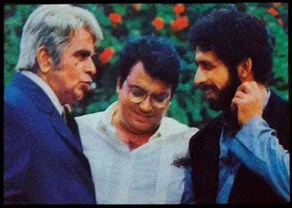 कर्मा 1986 के निर्माण के दौरान सुभाष घई के साथ दिलीप कुमार और नसीरुद्दीन शाह