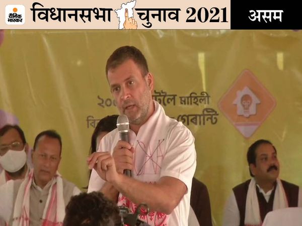 राहुल गांधी ने कहा कि भाजपा के लोग एक धर्म से दूसरे धर्म को लड़ाकर, एक व्यक्ति को दूसरे व्यक्ति से लड़ाकर एयरपोर्ट, टी-गार्डन सहित सब कुछ अपने दोस्तों को दे रहे हैं। - Dainik Bhaskar