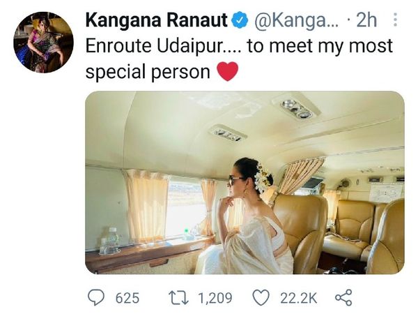 सोशल मीडिया पर कंगना ने लिखा किसी खास से मिलने आई हूं उदयपुर।