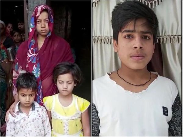 सिसवां के मृतक गोपाल की पत्नी गुड़िया और उसके बच्चे (बाएं)। खरीदी बिगहा के मृतक दिनेश प्रसाद का बेटा करण। - Dainik Bhaskar