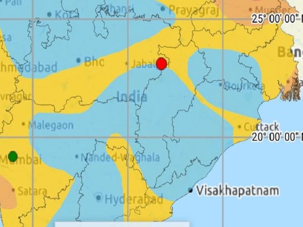 पृथ्वी विज्ञान विभाग की ओर से जारी इस तस्वीर में लाल बिंदु से भूकंप का केंद्र दर्शाया गया है। - Dainik Bhaskar