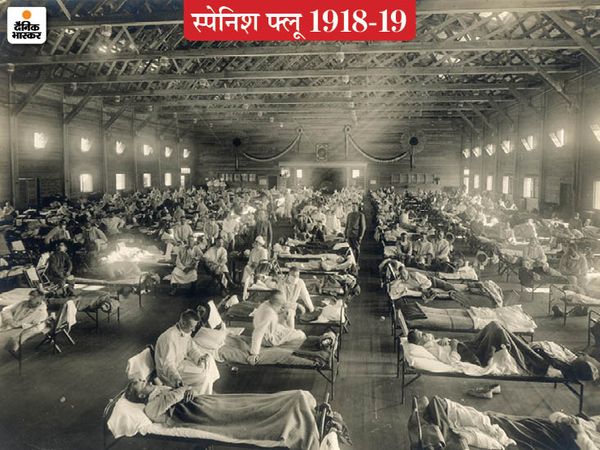 अमेरिका में कैनसास राज्य के फोर्ट रिले सैन्य छावनी के विशेष फ्लू वार्ड में भर्ती स्पैनिश फ्लू से बीमार सैनिक। यह सभी सैनिक पहले विश्वयुद्ध में भाग लेकर लौटे थे।