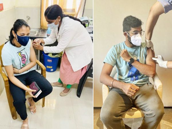वैक्सीन लगवाने के दौरान स्मृति मंधाना। दूसरी तरफ जसप्रीत बुमराह वैक्सीन का पहला डोज लेते हुए। - Dainik Bhaskar