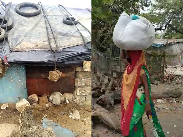 तूफान से झोपड़ी बचाने के लिए पत्थर व रस्सी से बांधी छत।