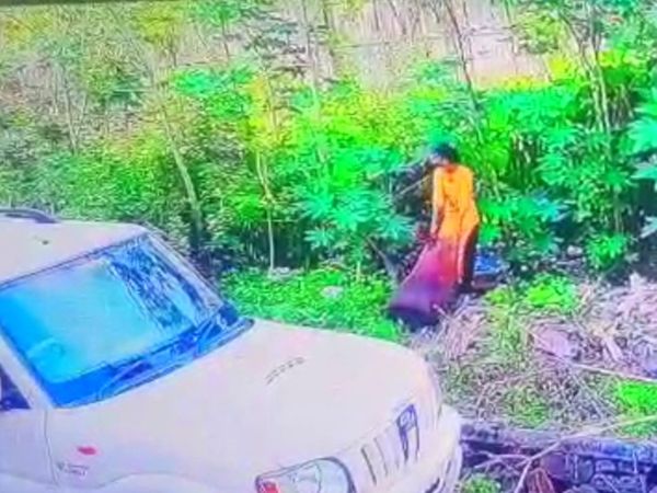 शव को पेड़ों के बीच फेंकने का प्रयास कर रही महिला कैमरे में कैद हुई थी। इसके बाद पति के साथ मिलकर उसने इसे जलाने का भी प्रयास किया। - Dainik Bhaskar