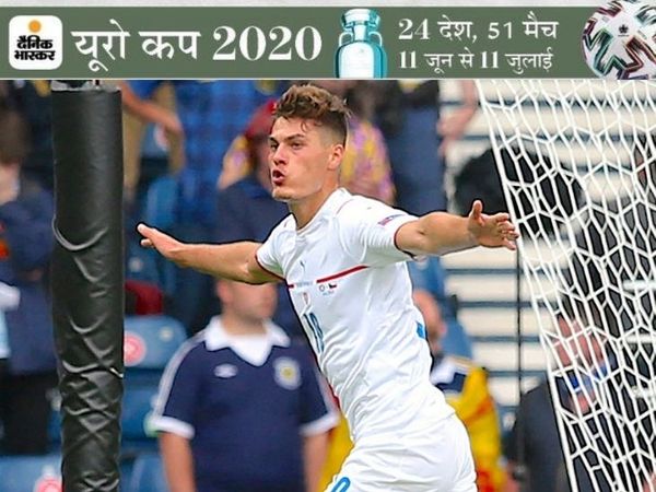 चेक रिपब्लिक के पैट्रिक शीक गोल करने के बाद खुशी का इजहार करते हुए। - Dainik Bhaskar