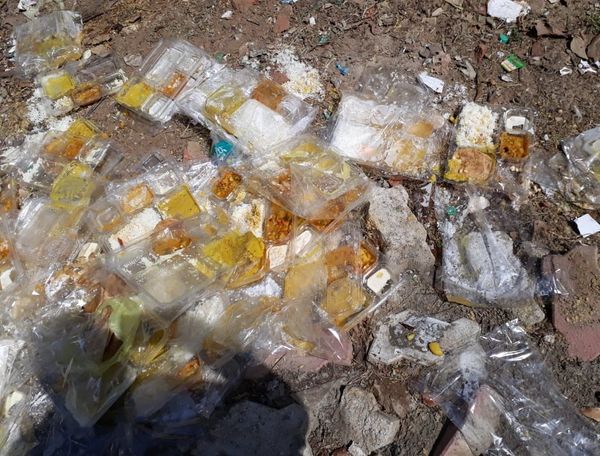 विधानमंडल परिसर में फेंका हुआ खाने का पैकेट।