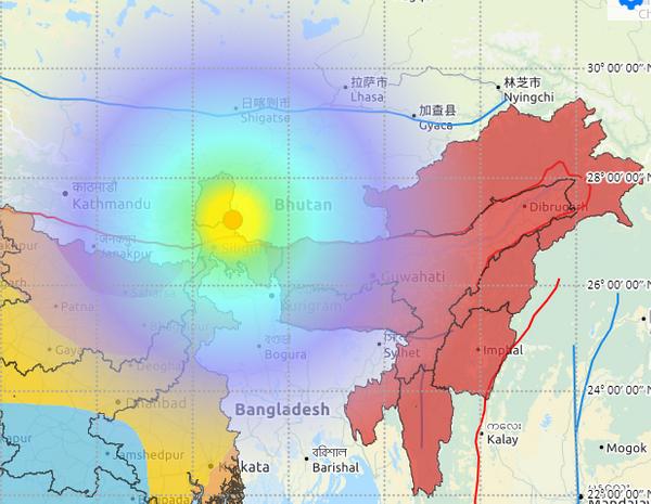 सिक्किम-नेपाल बॉर्डर पर भूकंप का केंद्र दिखाते हुए मैप।