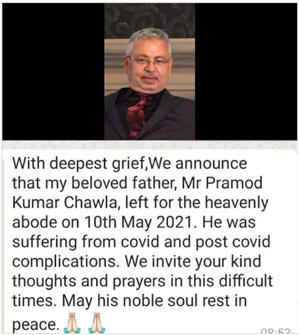 ચાવલાની સોશિયલ મીડિયા પર પોસ્ટ.