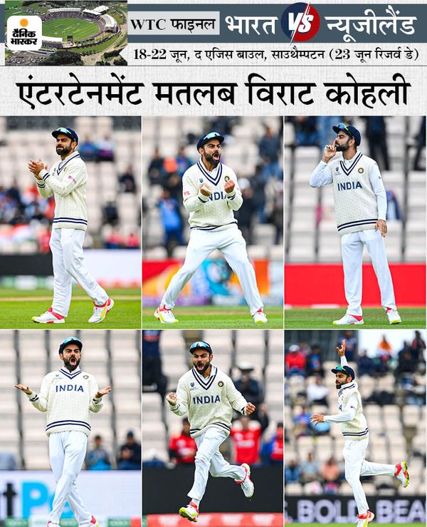 न्यूजीलैंड की बल्लेबाजी के दौरान विराट के 6 रूप। उन्होंने बेहतरीन अंदाज में अपनी टीम को चीयर किया। कमेंट्री के दौरान इंग्लैंड के पूर्व क्रिकेटर नासिर हुसैन ने कहा कि विराट 21वीं सेंचुरी के सबसे महान कप्तान बनेंगे।